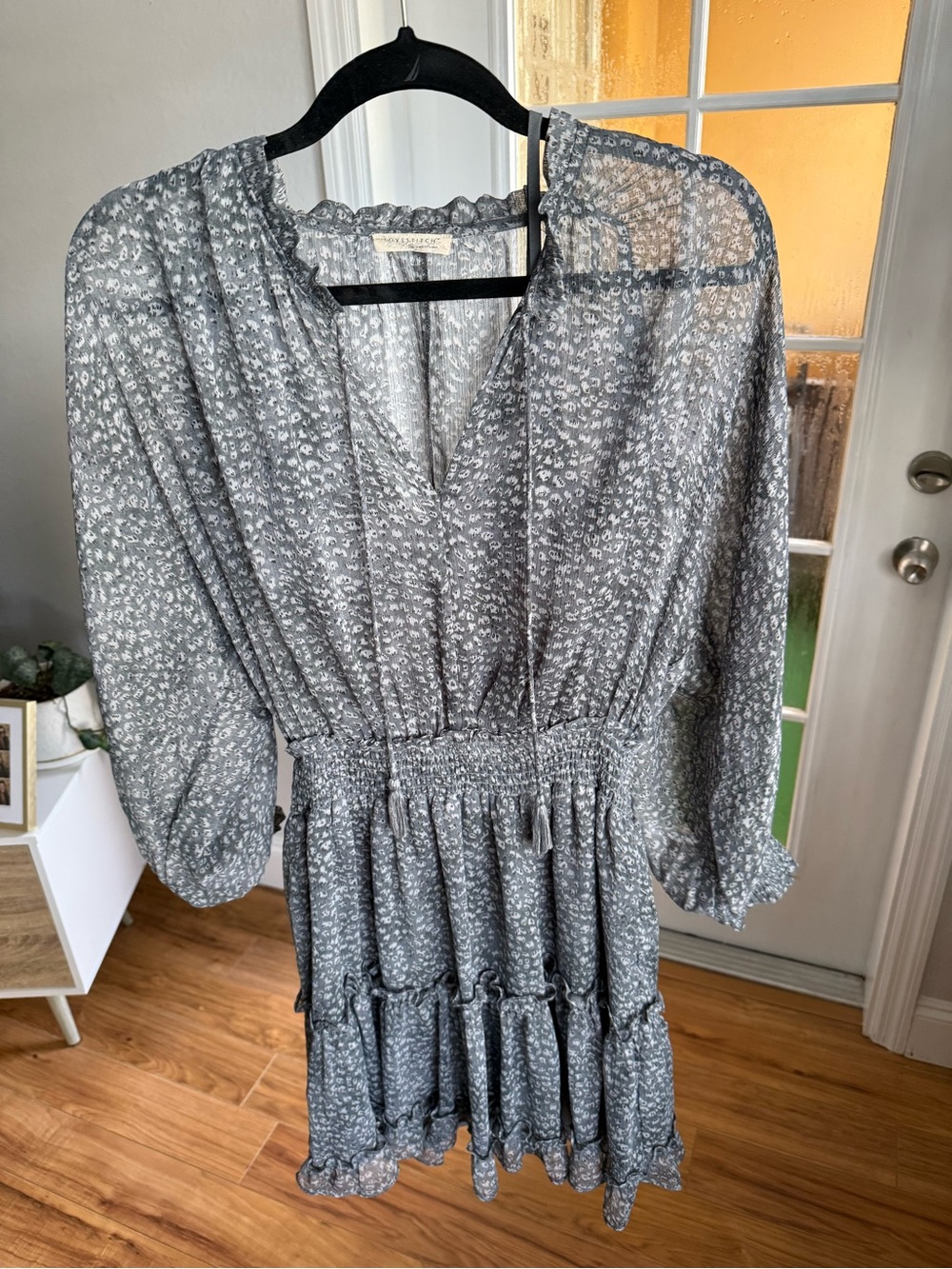 Lovestitch Gray Floral Long Sleeve Smocked Mini Dress